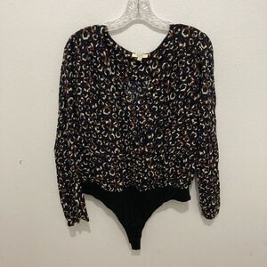 KORI black multicolor animal print long sleeve snap crotch thong bodysuit L